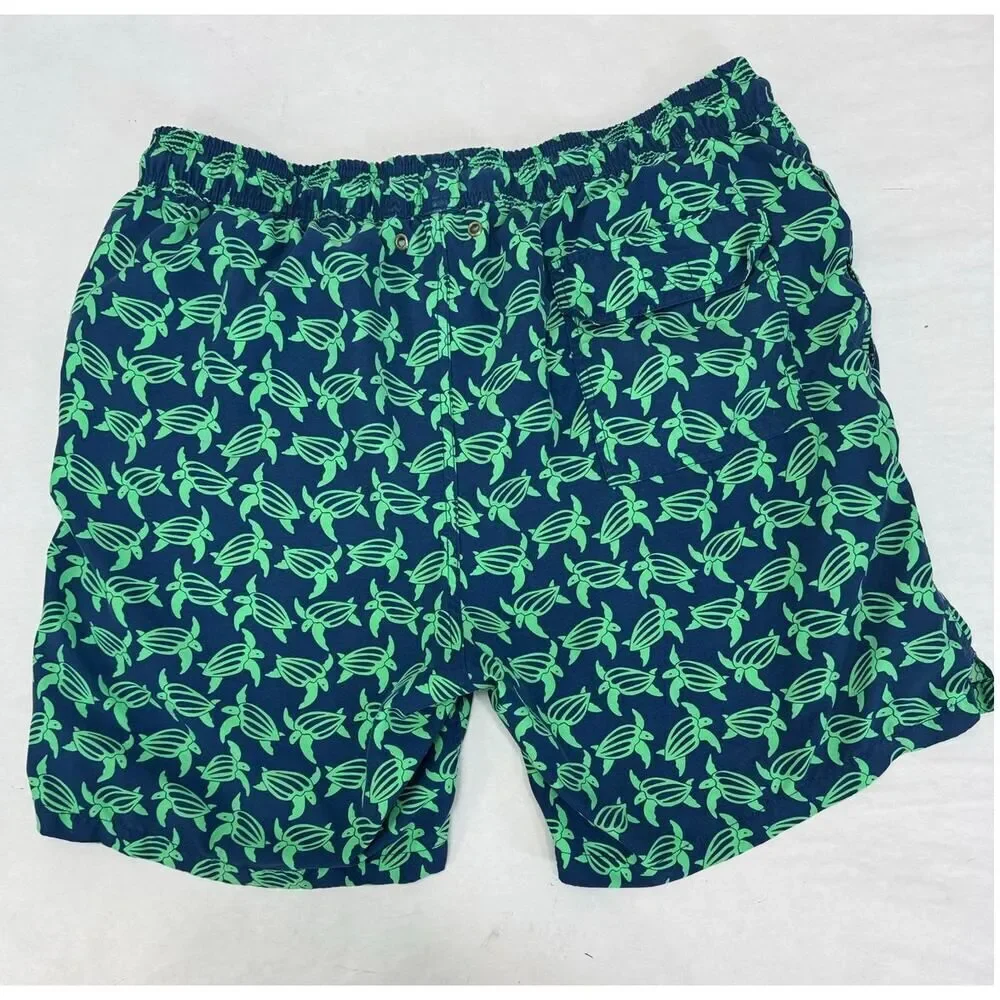 Tom & Teddy Swim Trunks Sea Turtle Print Men's Green Navy Board Shorts - Size XL